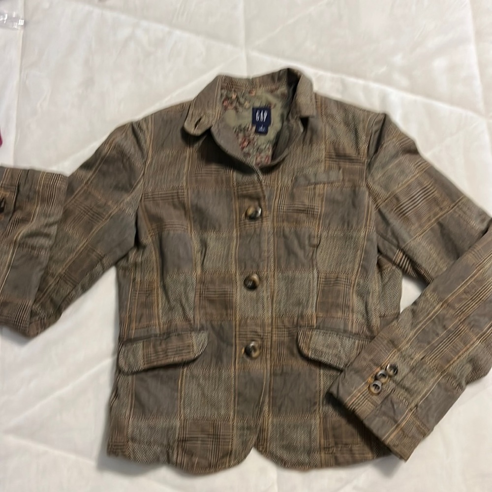 Gap blazer in green/orange/brown patchwork style with pretty floral lining